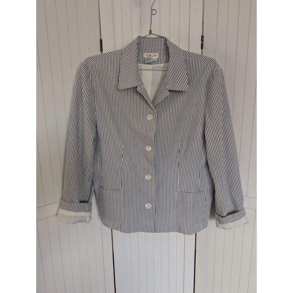 Talbots Blue White Striped Cotton Blazer Womens 20 Seersucker Jacket USA Vintage